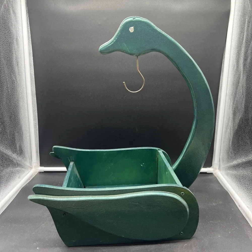 Vintage Handmade Fruit Basket Wooden Swan Goose Decor Cottagecore Heart Folk Art